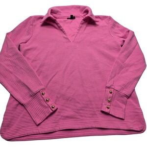 Talbots Petite Pink Ribbed V-Neck Top Gold Button Cuff Long Sleeve Petite Small